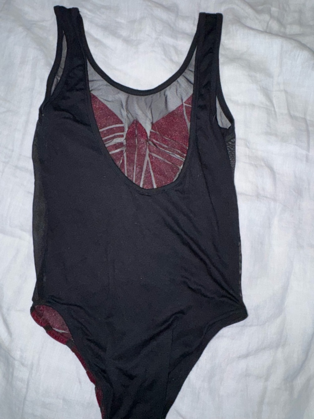 ASOS PETITE Velvet Geometric Mesh Bodysuit in Wine Red & Black - Picture 7 of 7